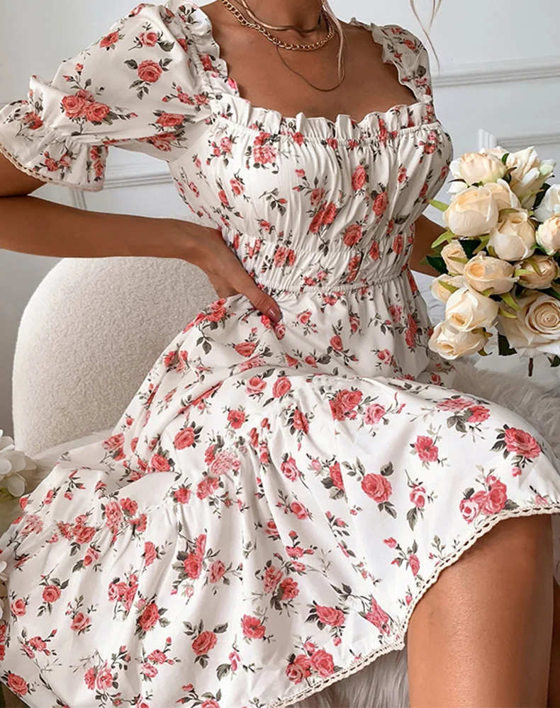 

Платье-миди женское летнее с пышными рукавами и цветочным принтом