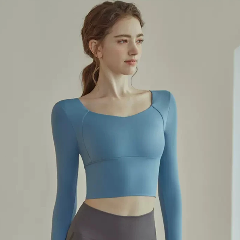 F.DYRAA U-neck Yoga Shirts For Women Long Sleeve Tight Crop Tops Gym Fitness Running Sports Tops With Thumb Holes Sportswear