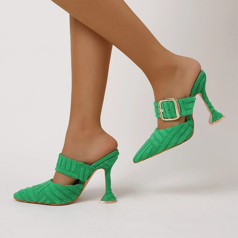 

2022 Women Slippers New Summer Female Flock Pointed Toe Wine Glass High Heels Shoes Ladies Metal Buckle Straps Party Sandals