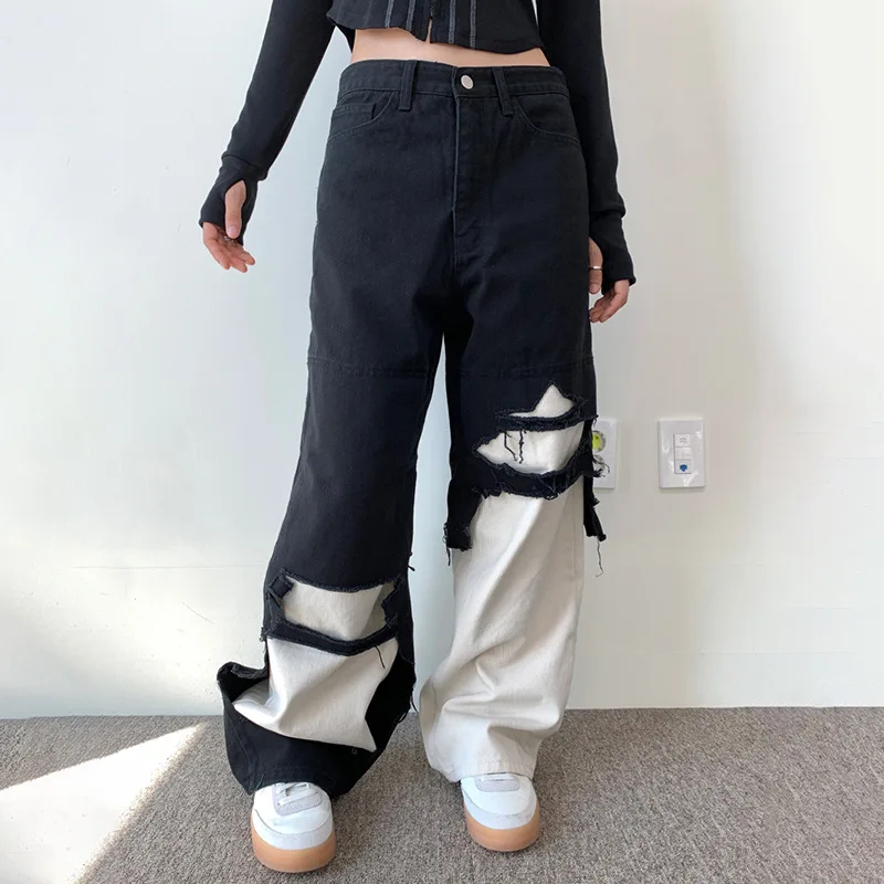 

Women Fashion 90s Cargo Baggy Jeans Contrasting Colors Casual Wide Leg Design Sense Pants Summer Female Hippie Joggers Trousers