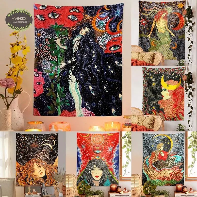 

Psychedelic Girl Tapestry Wall Hanging Botanical Celestial Floral Tapestries Hippie Eye Starry Dorm Aesthetic Room Decoration