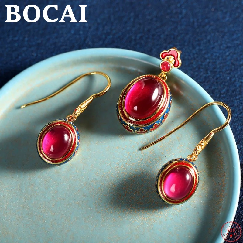 BOCAI S925 Sterling Silver Earrings 2022 New Fashion Enamel Cloisonne Red Corundum Ear-Drop Pure Argentum Jewelry for Women