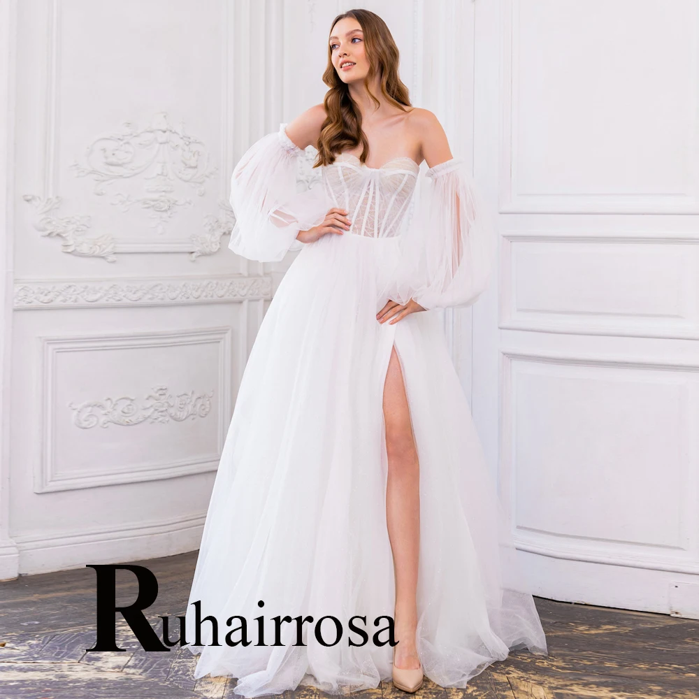 

Ruhair Sweetheart Puff Sleeves Strapless A-Line Wedding Dresses For Women Pleat Appliques Lace Robe De Mariée Formal Brides Gown