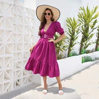 2022 summer new arrival fashion sexy v neck casual slim fit dress puff sleeved solid color temperament dress women clothing