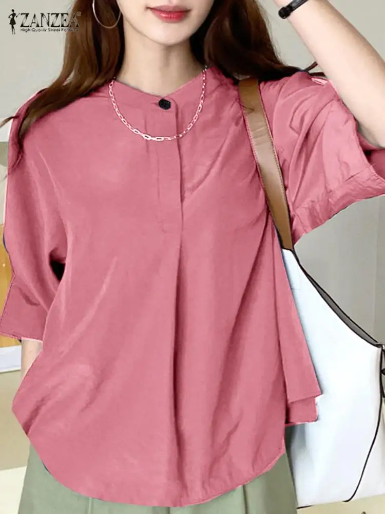 

Винтажная шикарная блузка ZANZEA с рукавом 3/4, Повседневная Свободная Однотонная рубашка в Корейском стиле с круглым вырезом, Женская туника с асимметричным подолом, топы