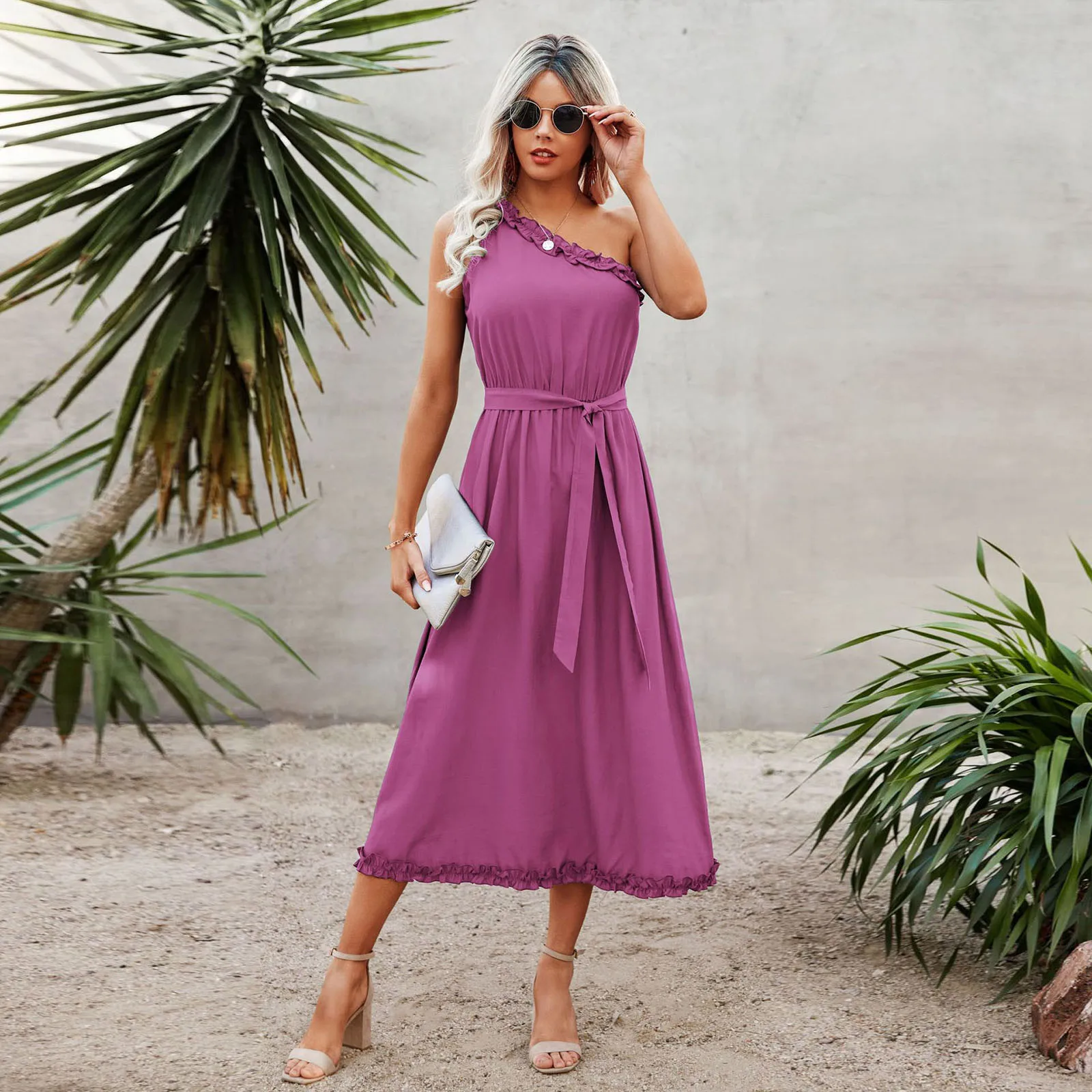 

Women One Shoulder Lace Ruffle Dress Summer 2022 Belt Slim Midi Dresses Women Sexy Sleeveless Evening Party Dress Elegant Robes