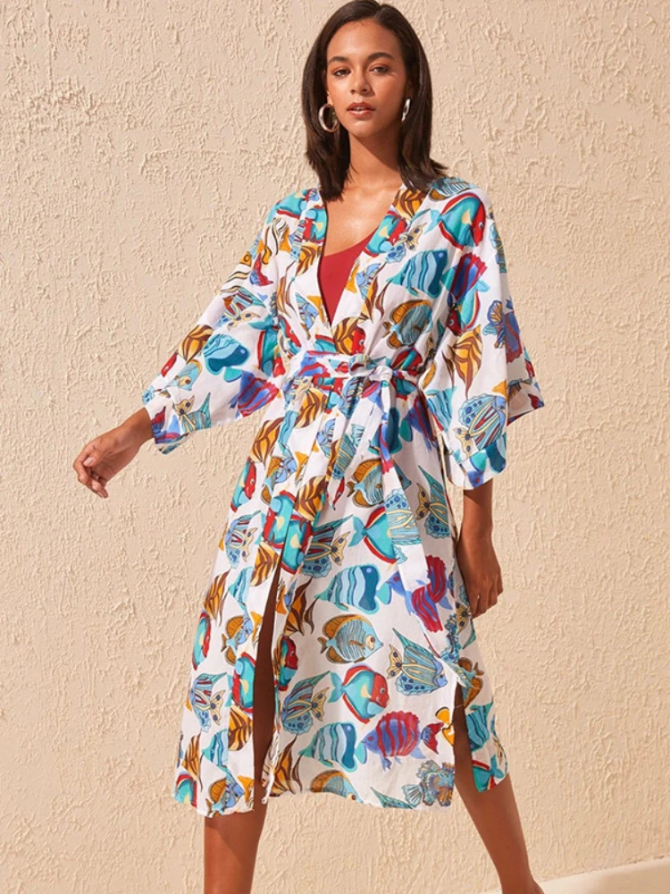 

Beach Kimono Dress Fish Cartoon Printed Bikini Cover Up Pareo Self Belted Short Sleeve Seaside Bathing Suits Factory Supply