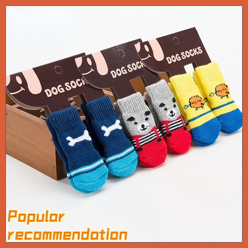 

4Pcs Winter Anti-Slip Pet Dog Socks Small Cat Dogs Knit Warm Socks Chihuahua Thick Paw Protector Dog Socks Booties Accessories