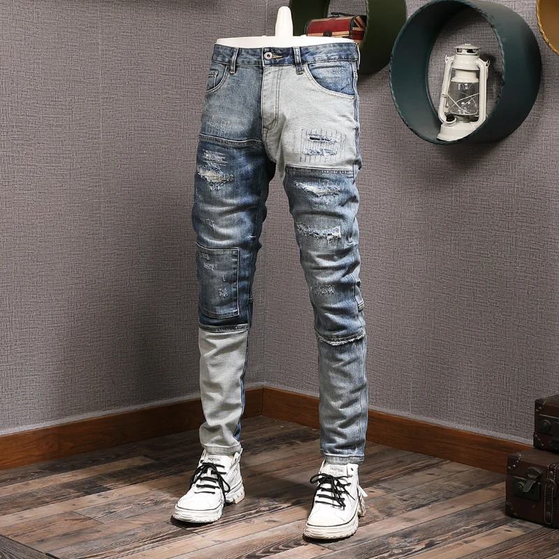 

Streetwear Fashion Men Jeans Retro Blue Stretch Slim Fit Ripped Jeans Men Vintage Trousers Patched Designer Hip Hop Pants Hombre