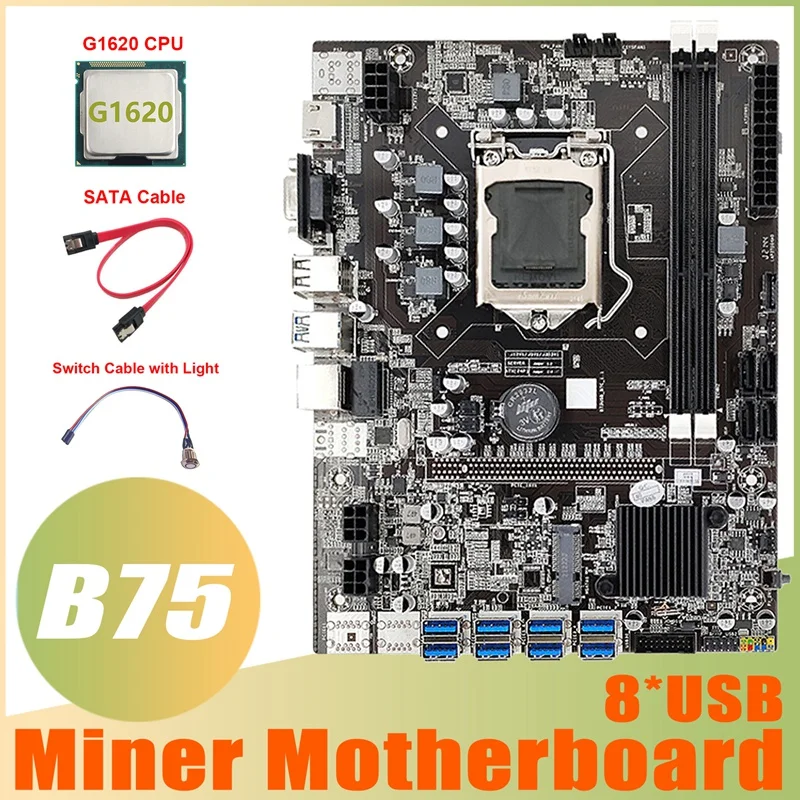 

Материнская плата B75 ETH для майнинга 8XUSB3.0 + G1620 ЦП + кабель переключения светильник кой + кабель SATA LGA1155 B75 USB материнская плата для майнинга BTC