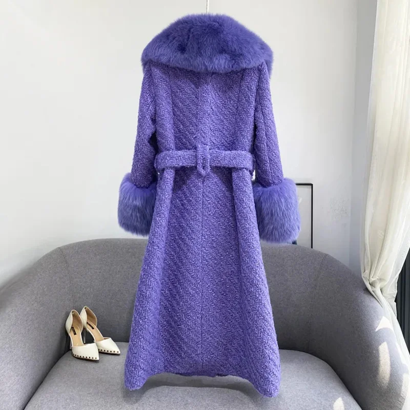 2022 Winter New Imported Fox Fur Collar Whole Fur Coat Women's Mid-Length Woolen Waist Thickening Temperament Coats Female