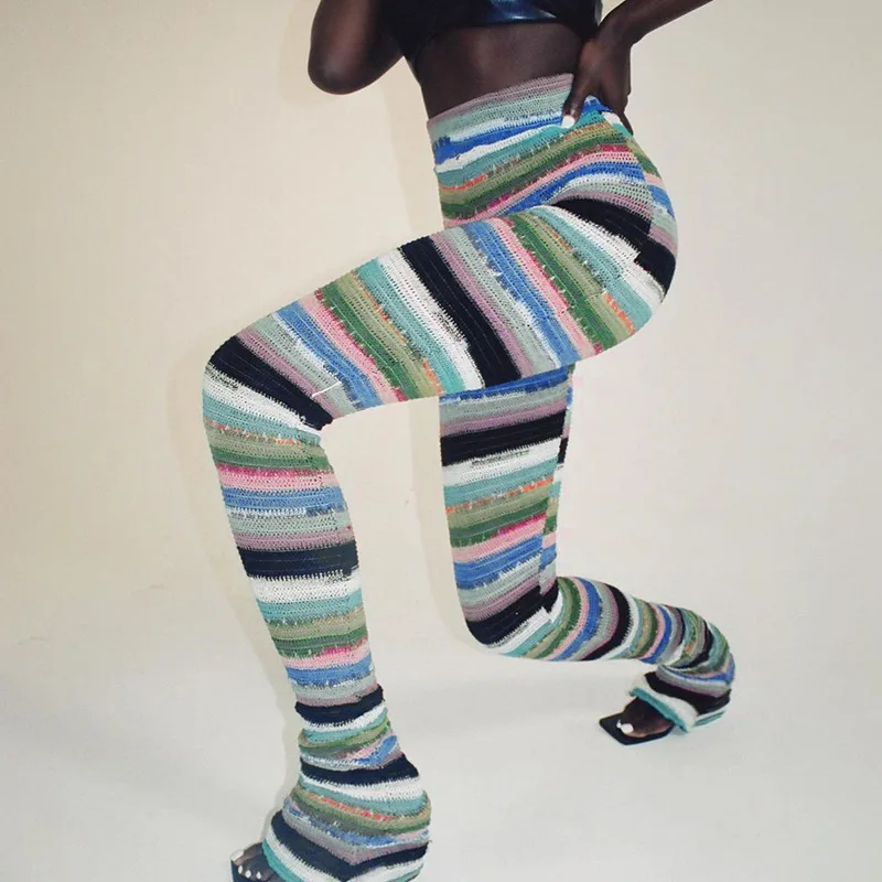 

Sexy Colorful Striped Knit Pants Contrasting Color Hip Hop Bodycon Stacked Trousers Casual Winter Women's Clothing 2022 Fashion