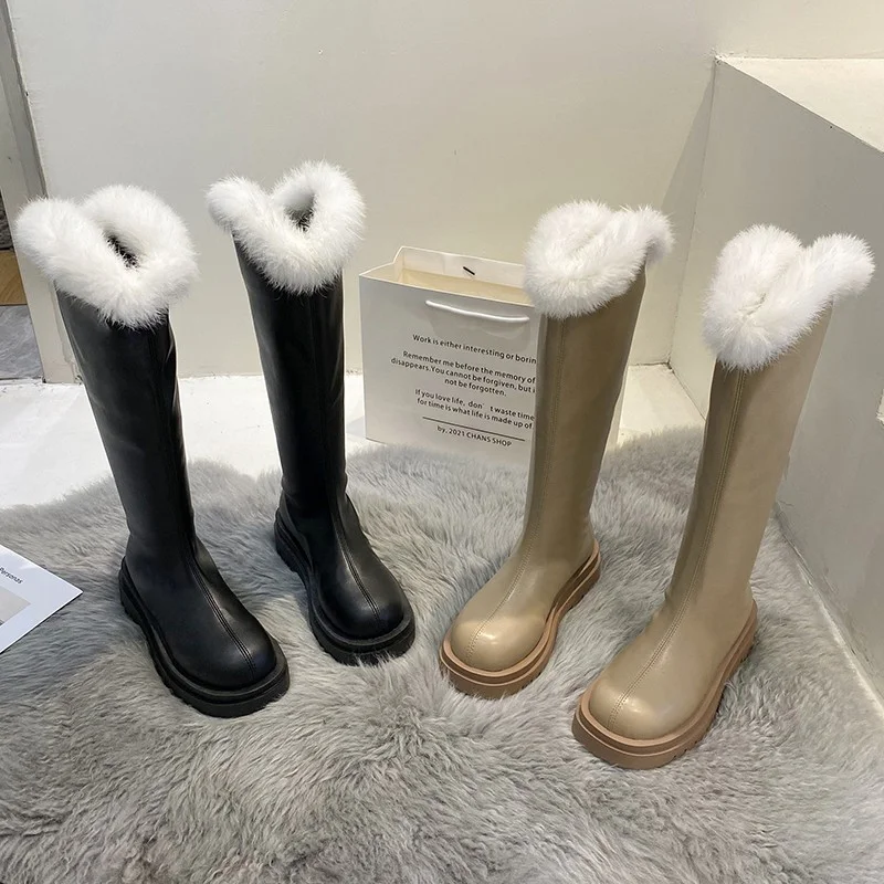2023 New Winter Knee High Boots Women's Solid Color Platform PU Leather Shoes Ladies Zipper Plush Mouth Casual Boots