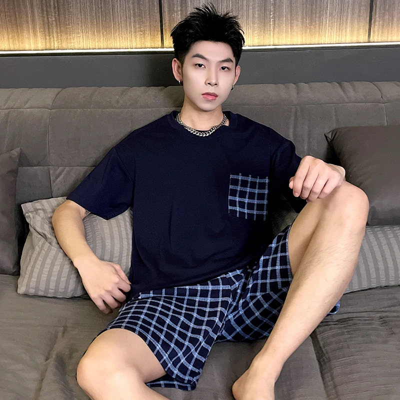 Men Summer Pyjama Set Cotton Soft Comfortable Striped Teen Pocket Lounge Plaid Home Sleepwear 2 Pieces Broadcloth