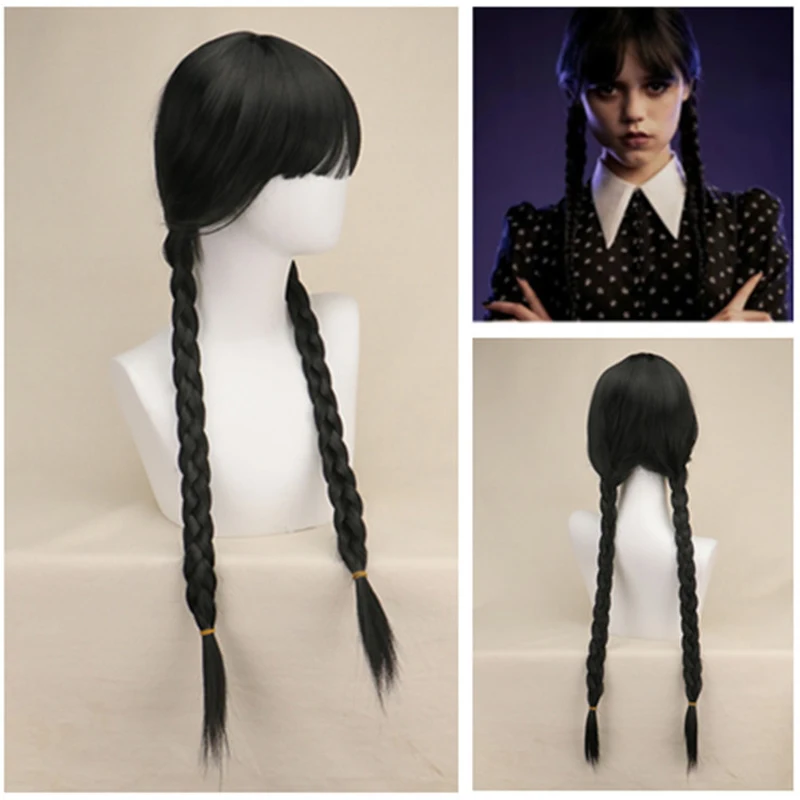 

Wednesday Addams Cosplay Wig Women Long Black Braids Hair Heat Resistant Synthetic Wigs with Bangs for Halloween Party wig