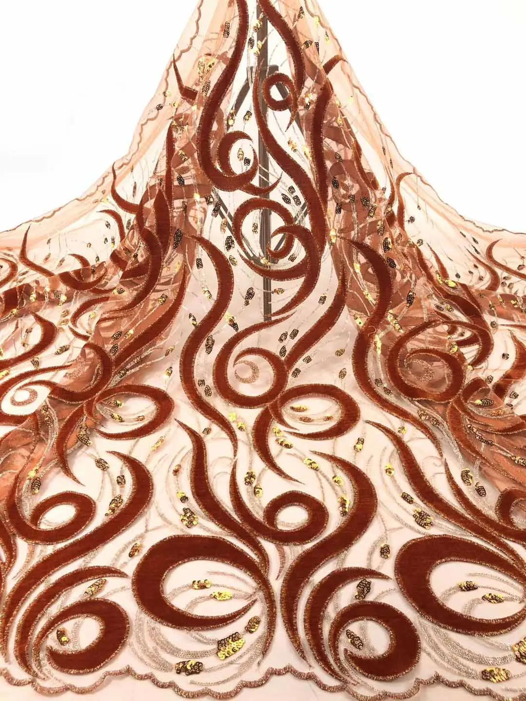 

Orange color African Lace Fabric 2022 High Quality French Velvet Lace Fabric With Sequins Lace Fabric For Wedding Party ZP1015