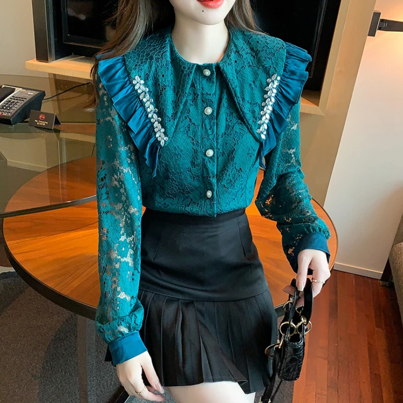 

New Women Shirts 2022 Hollowed Out Ruffle Beading Neck Lace Long sleeve Blouses Shirt Sexy Female Cardigan Blusas Elegantes 111J