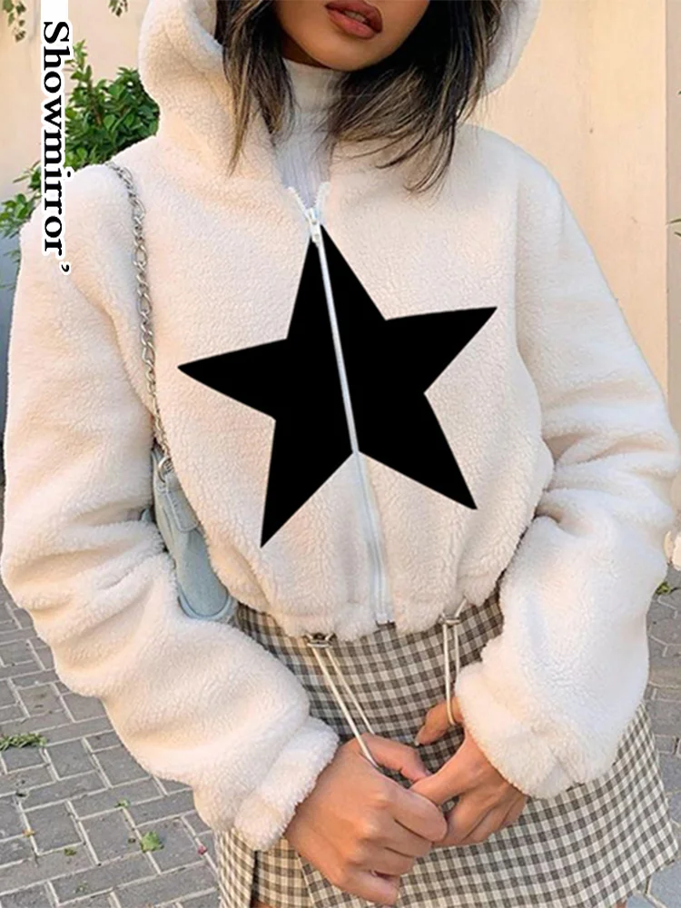 

Showmirror Star Искусственная овчина, женская верхняя одежда, милая уличная теплая куртка на молнии, базовая модная женская пушистая куртка
