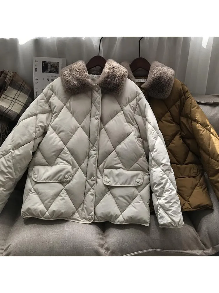 Imitation Rabbit Fur Collar Polyester-Padded Short Black Parkas Women 2022 Winter Korean Version Loose Warm Bread Coats Jackets