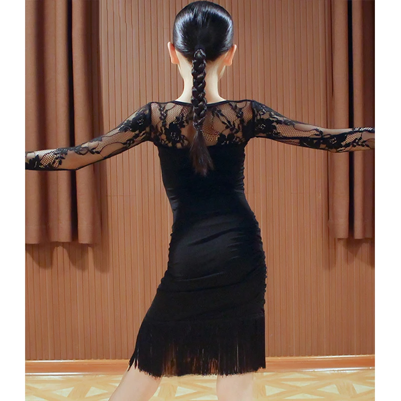 Женское кружевное платье для латиноамериканских танцев черное боди с юбкой