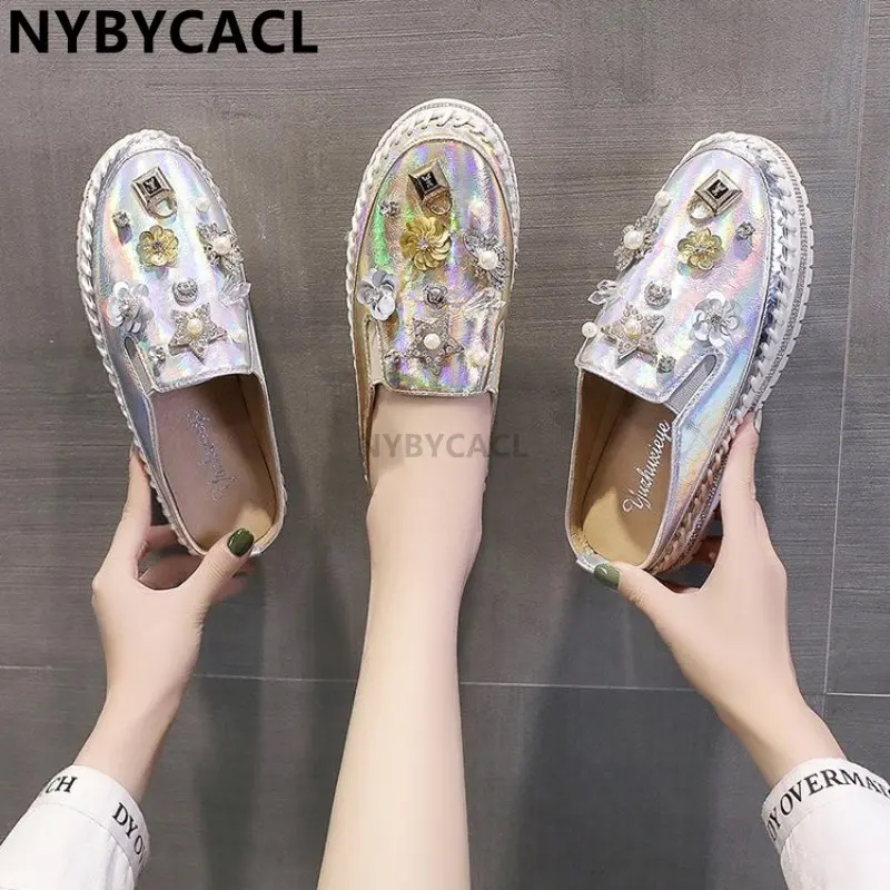 Diamonds Pearl Women Slippers Flowers Lock Crystals Rhinestone Slides Bling leather Round Toe Slip-on Platform Fashion New Shoes