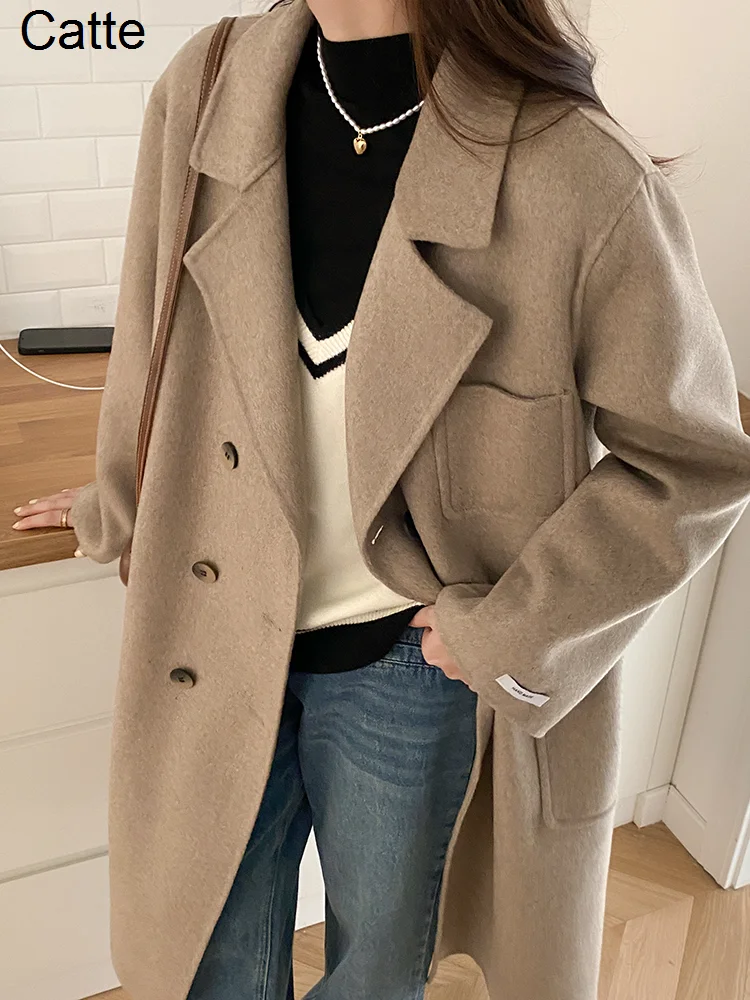 

French Long Coat Autumn And Winter Double-sided Tweed Off Shoulder Winter Coat Korean Version