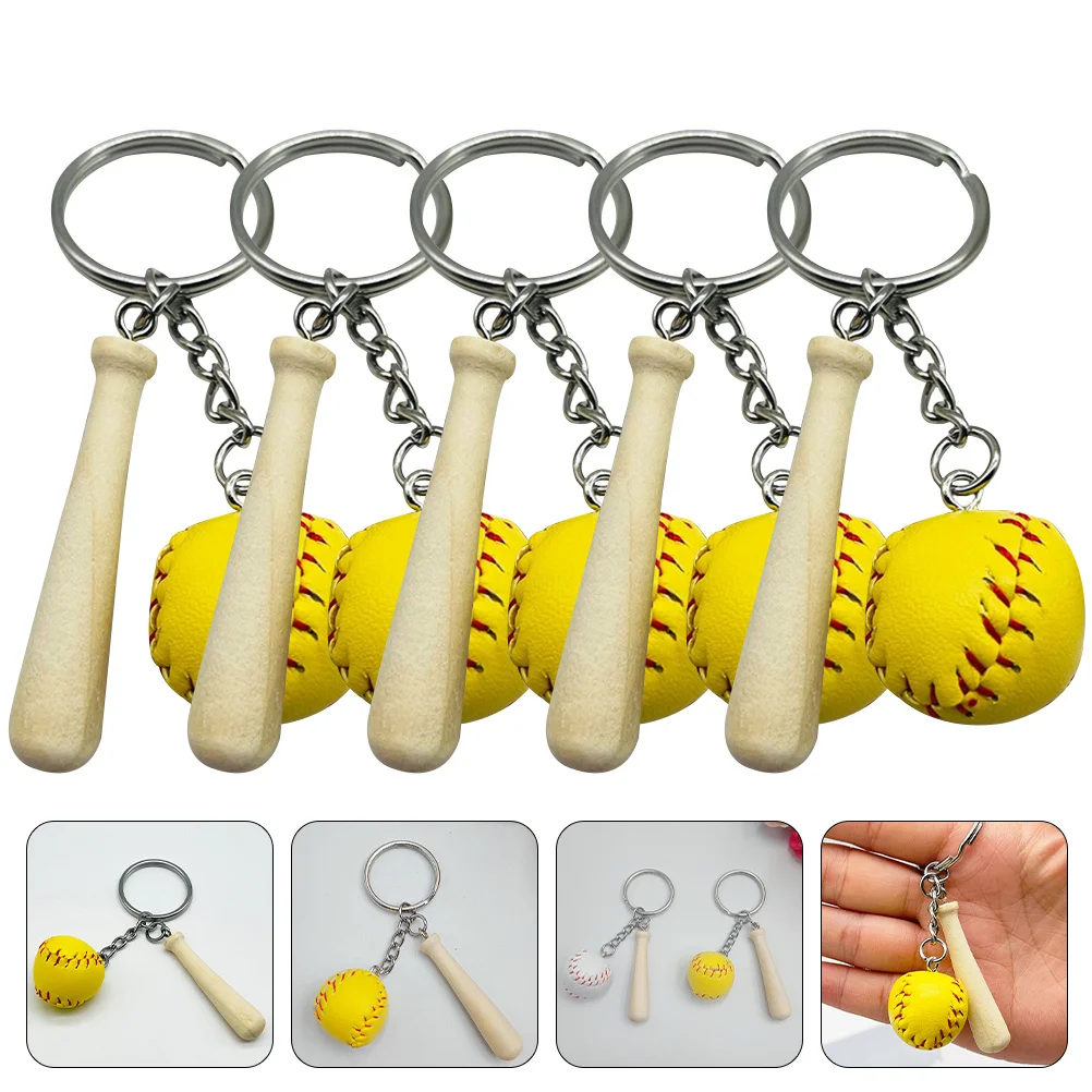 

5 Pcs Bowling Accessories Key Chain Ring Pendant Baseball Party Favors Wooden Bag Keychain Miss