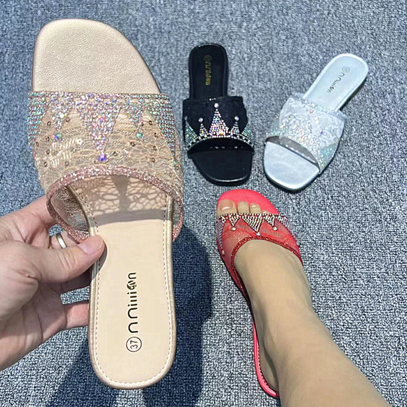 

Big Size Lace Women Slippers Fashion Ladies Shoes Flip Flops Sandals Flats Luxury Rhinestones Female Casual Outside Slides