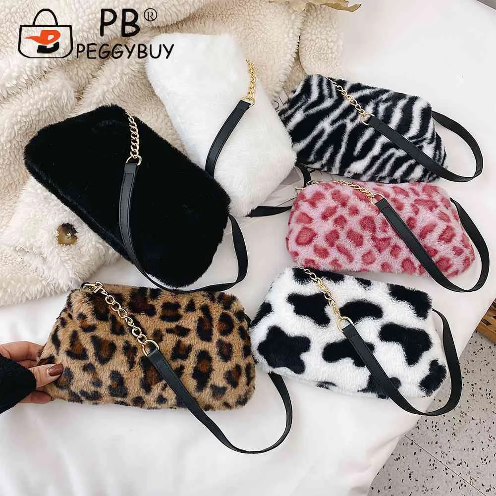

Leopard Bags Soft Plush Shoulder Bags Female Small Coin Purse Winter Autumn Winter Warm Comfort Fluffy Totes Fashion For Women