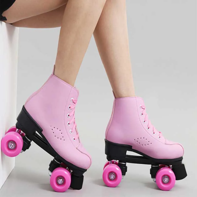 Artificial Leather Roller Skates Women Men Adult Two Line Roller Skating Shoes Patines With White PU 4 Wheels