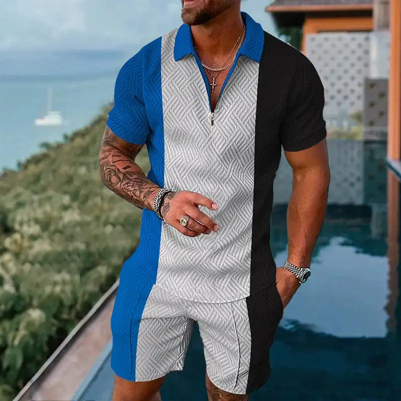 Retro Polo Shirt Set Summer Casual Striped Shorts 2Piece Tracksuit Streetwear Turn Down Collar Zipper Polo Outfits Men Clothing