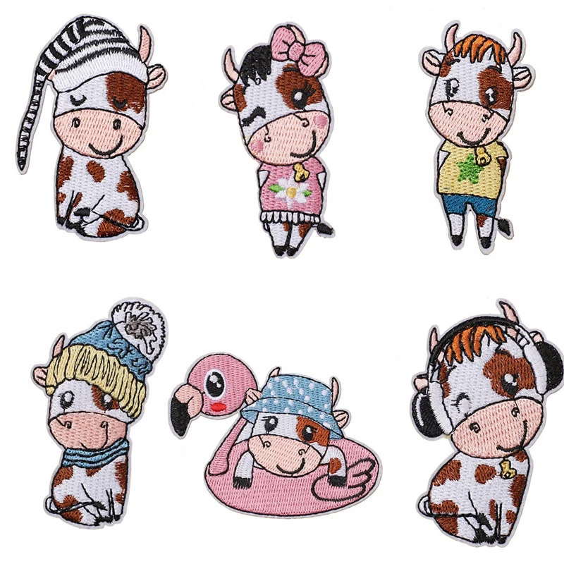 Kawaii Milk Cows Cartoon Animal Patches Sewing Embroidered Applique for Jacket Clothes Stickers Badge DIY Apparel Accessories