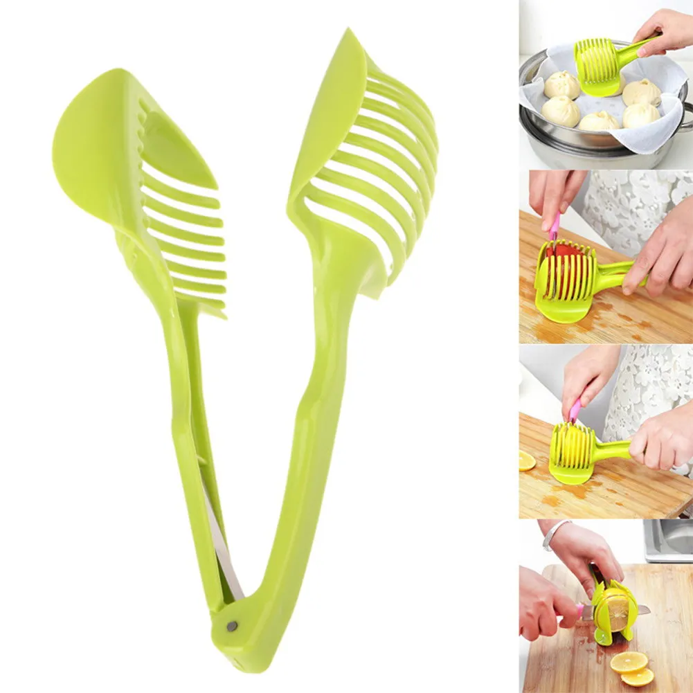 

1PC Plastic Green Manual Slicers Tomato Slicer Fruits Cutter Tomato Lemon Cutter Assistant Cooking Holder Kitchen Tool