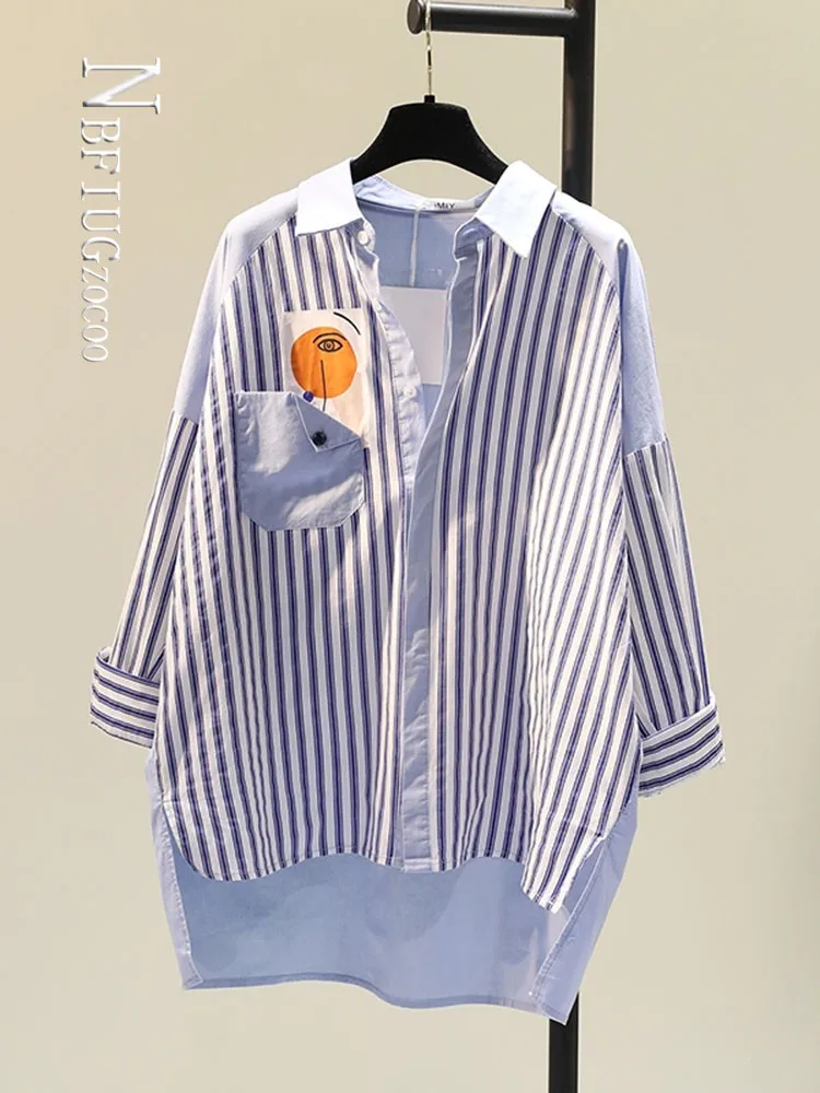 

Blue Stripe Patchwork Cotton and Linen Women Blouse Summer Female Blouses