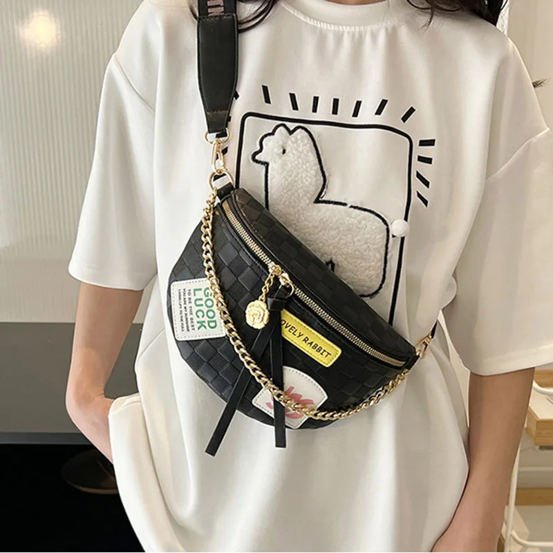 Fashion Chest Bag Wide Shoulder Strap Single Shoulder Messenger Bag Textured Chain Handbag Personality Applique Portable Satchel