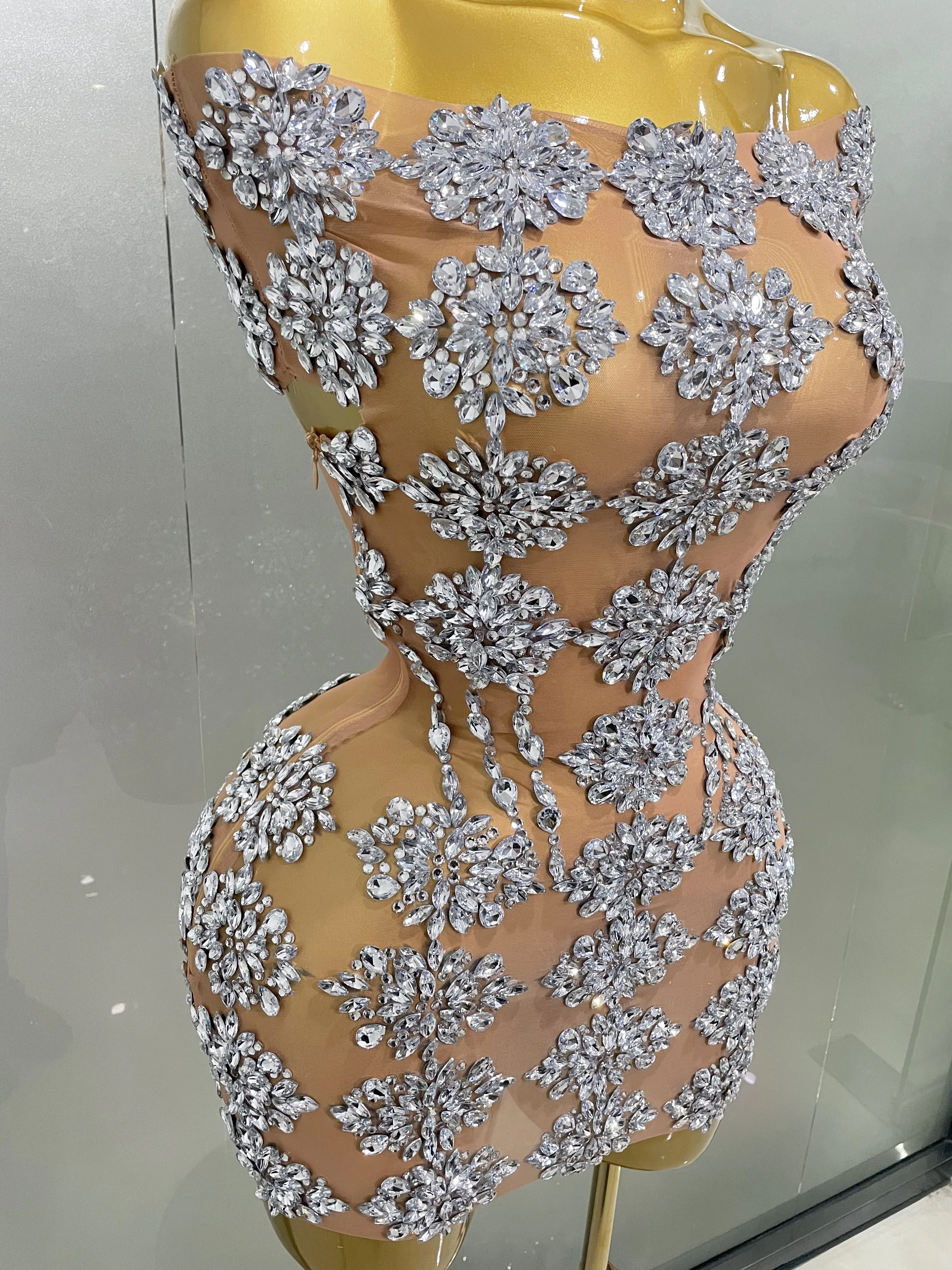 Роскошное блестящее сетчатое мини-платье со стразами 2025 женский сексуальный