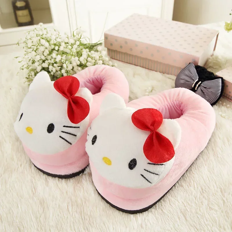 

Sanrio Hello Kitty Anime Kawaii Winter Women Slippers Warm Plush Cotton Slippers Indoor Home Non-Slip Thick Sole Furry Shoes