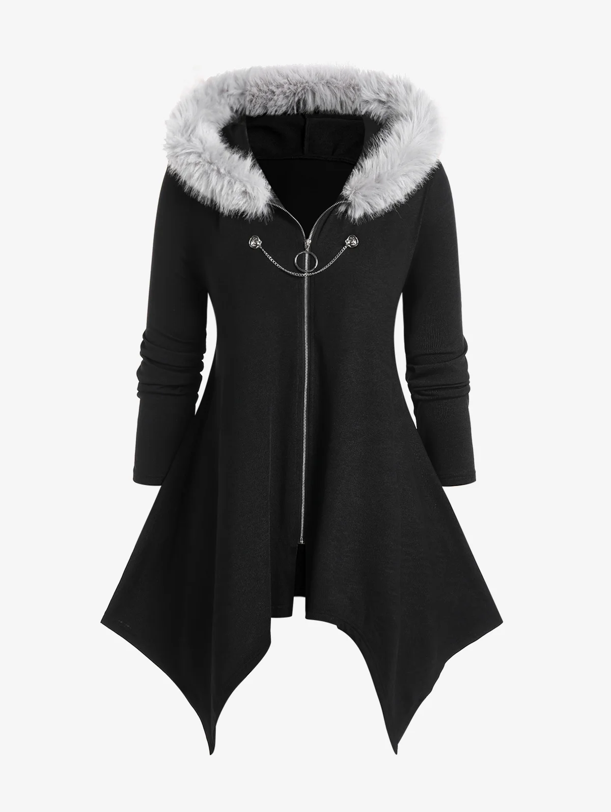 

ROSEGAL Plus Size Faux Fur Hooded Hanky Hem Coats Black Fashion Jacket Front Full Zipper Asymmetrical Parkas Outwears For Women