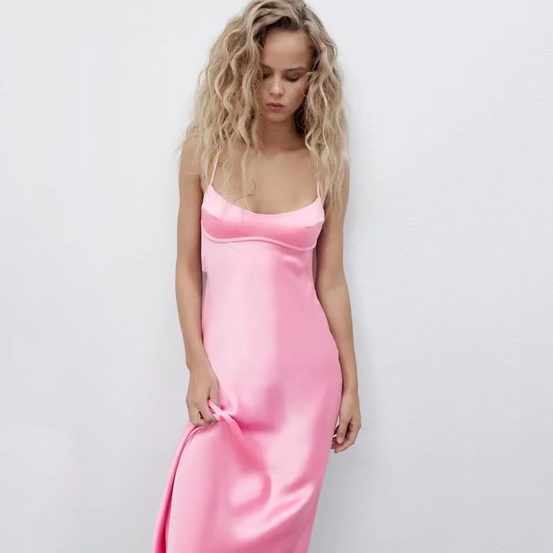 

Za 2022 New Women Hollow Design Silk Satin Texture Midi Suspender Dress Summer Sexy Revealing Back Slit Slim Pink Dress