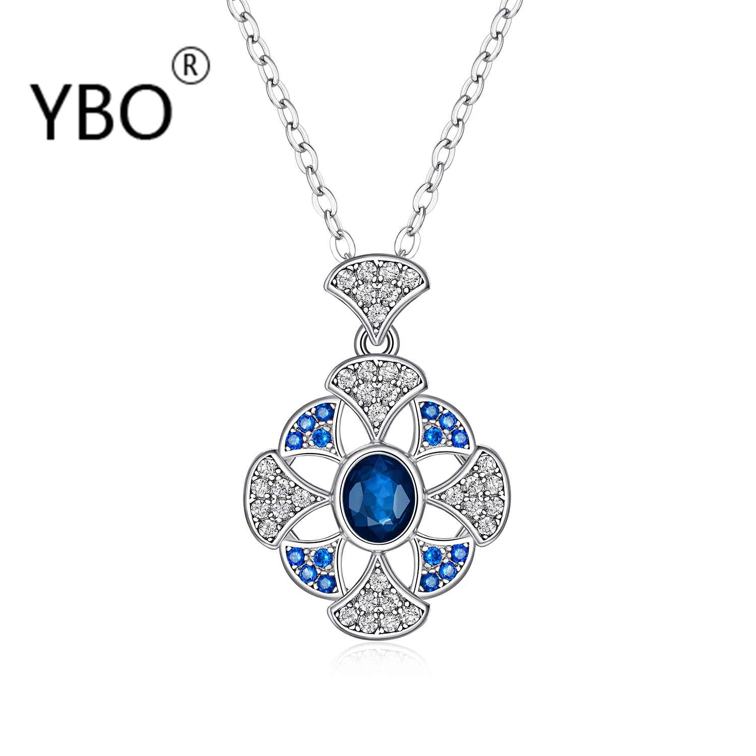 

YBO Fashion 925 Sterling Silver Jewelry Necklaces Women Clavicle Neck Chain 0.55 Carat Sapphire Pendant Necklace Flower Collares