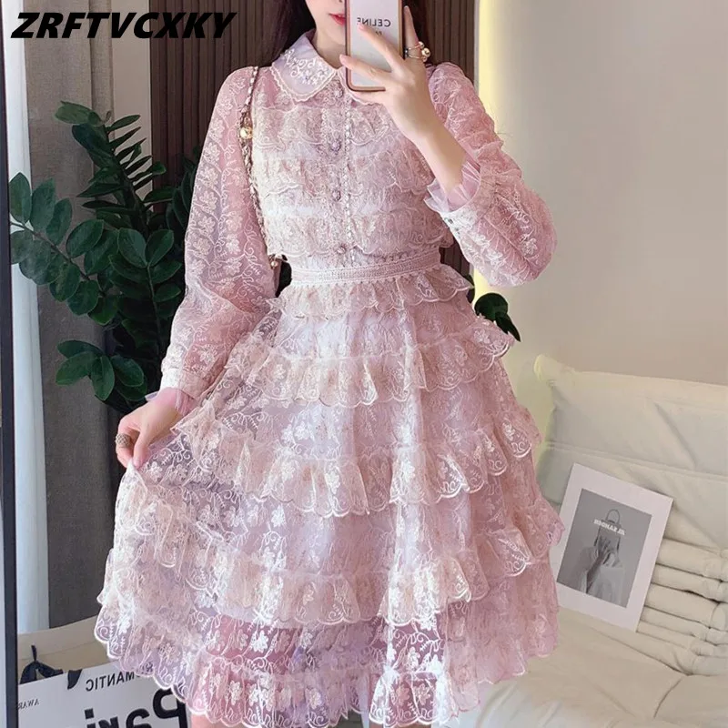 Sweet Women's Peter Pan Collar Patchwork Lace Dresses Luxury Floral Embroidery Cascading Ruffles Cake Knee-Length Party Dress