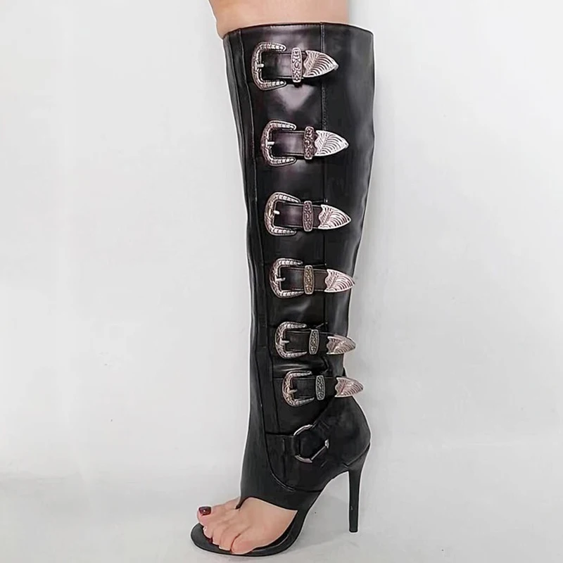 Женские высокие сапоги до колена на высоком каблуке с пряжкой и ремешком
