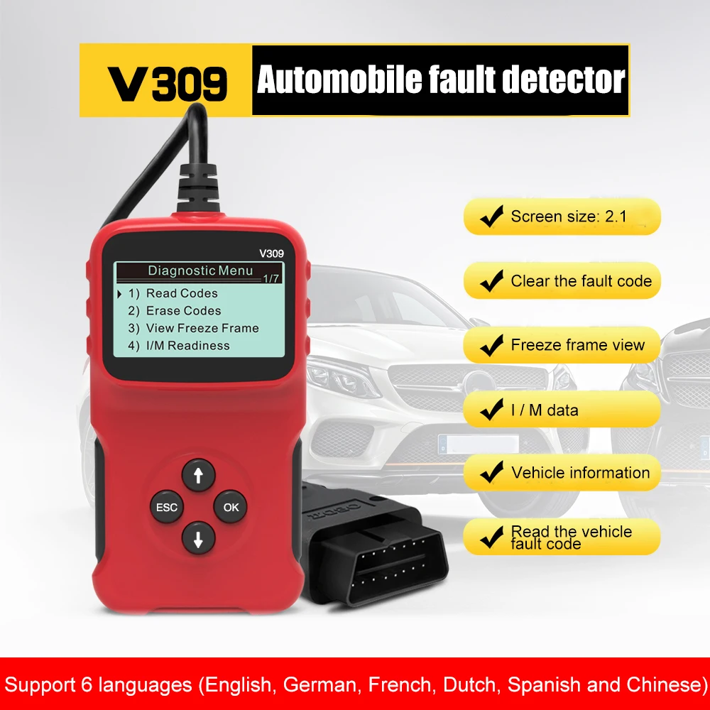 

V309 Fault Code Reader Multi-Language Car Diagnostic Scanner Auto Tool Read/Erase I/M DTC OBD2 OBDII / EOBD USB OBD 2 OBD2 Fault