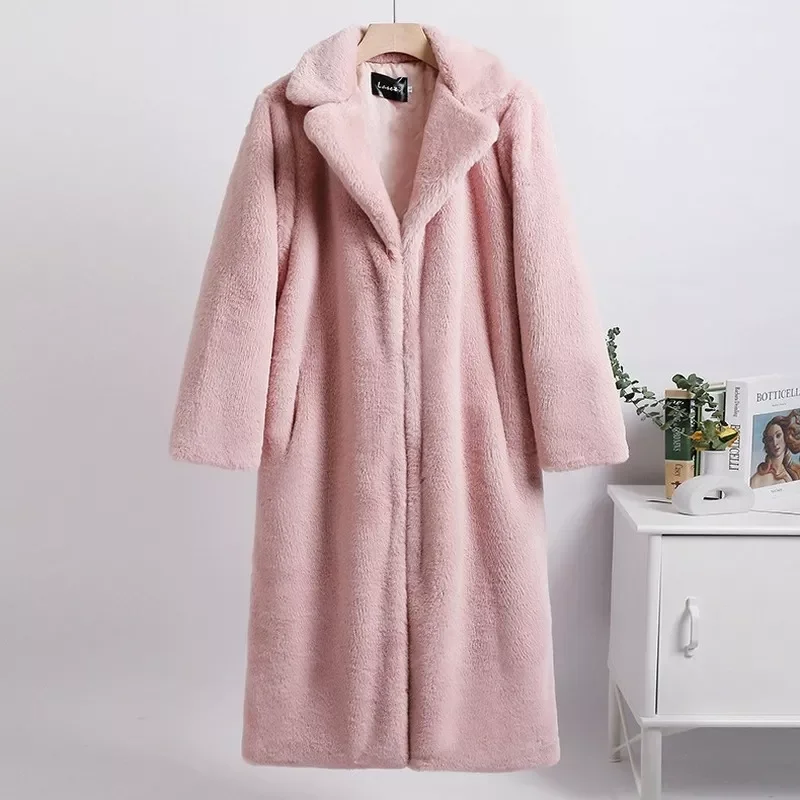 New2022 New Women Winter Warm Faux Fur Coat Color Patch Thick Women Long Coat Turn Down Collar Women Warm Fur Coat