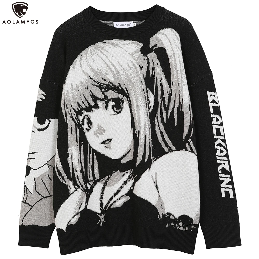 

Aolamegs Cartoon Comics Girl Knitted Sweater Men Baggy O-Neck College Style Jumper Pullover High Street Couple Spring Streetwear