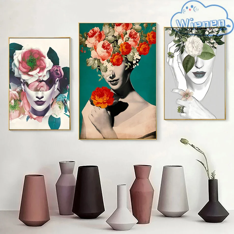 

Nordic Blooming Colourful Flowers Girl Faces Poster Wall Art Picture Canvas Painting Modern Pictures For Living Room Home Decor