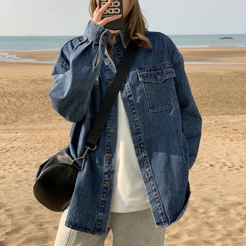 Винтажная Темно-Синяя Женская джинсовая рубашка на осень и зиму свободная блузка