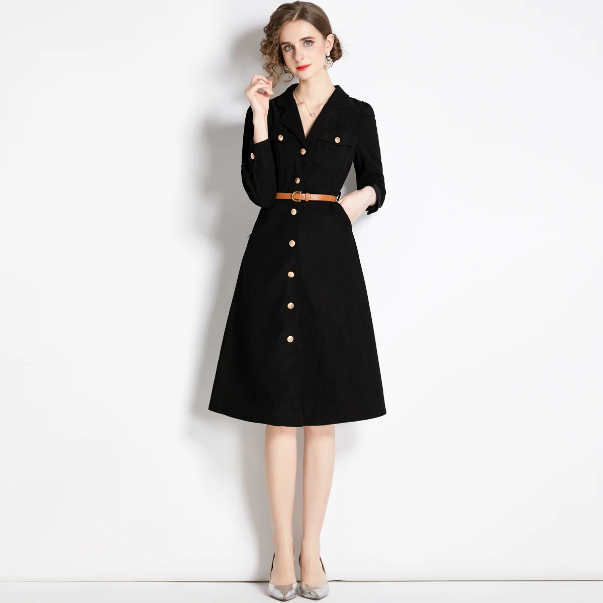 Autumn and winter retro corduroy dress Women's V-neck metal button single-breasted dress