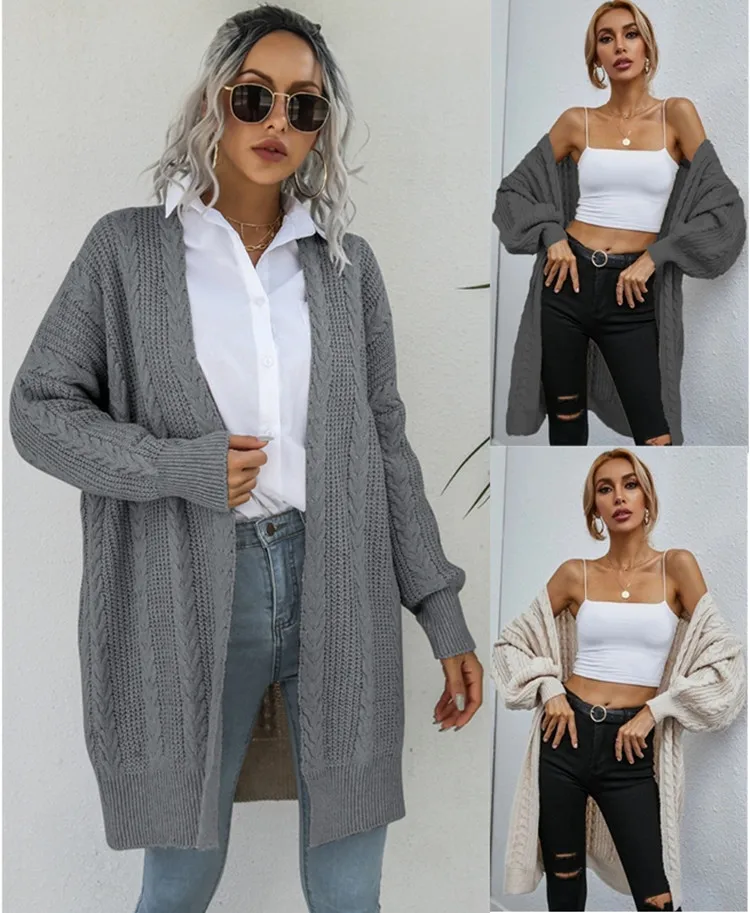 

2022 New Knitted Coat Solid Color Relaxed Fall V-Neck Women's Long Sleeve Twisted Cardigan Sweater Coat