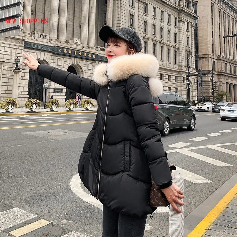 2023 New Winter Jacket Hooded Fur Collar Hairball Sweet Cute Loose Cotton Coat Student Plus Size Long Parkas Women Pink Black